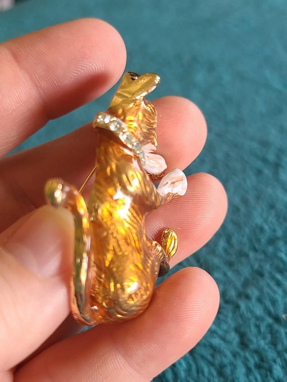 Vintage Gold-Tone Cat Brooch with Green Eye and White Accents - Vintage